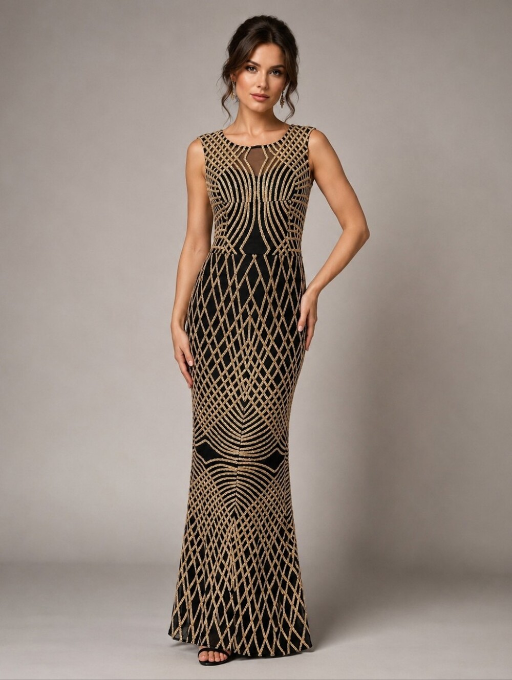 Black Gold Sequin Embellish Sleeveless Formal Wedding Party Evening Gown Small